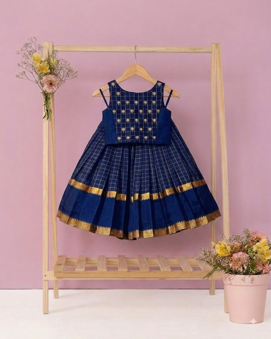 mangalagiri-silk-navy-blue Kids Lehanga and Blouse - Image 1